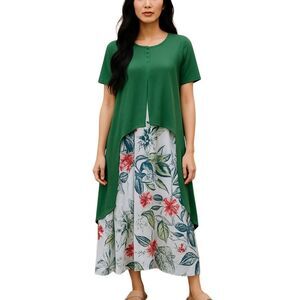 Asymmetrical Floral Print Dress, Crew Neck Short Sleeve Dress Size Lg